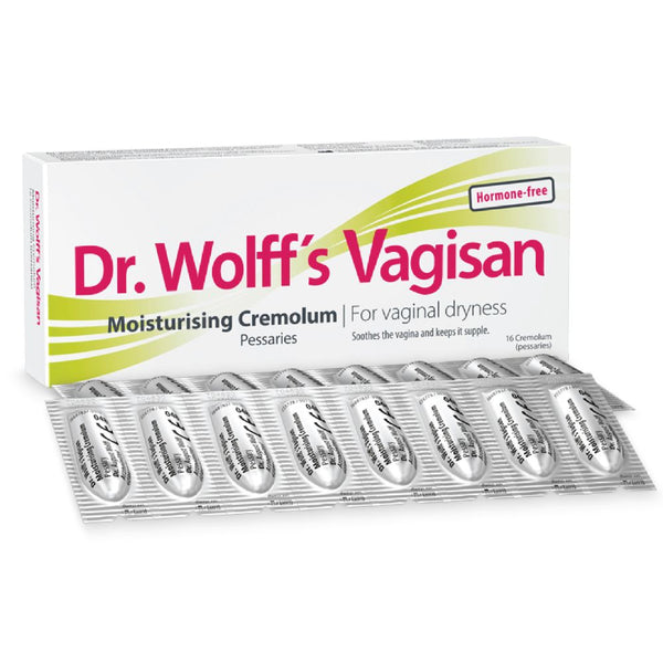 Vagisan Cremolum by Dr Wolff offers a hormone-free solution for vaginal dryness. The pack includes 16 pessaries and features a white box with green and pink accents.