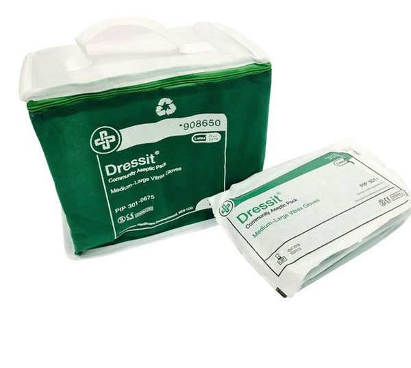 Richardson Healthcares Dressit dressing packs come in green and white, featuring medium large gloves (pack of 10) for hand protection, a larger carry bag, a smaller individual pack, product labeling details, and a recycling symbol.