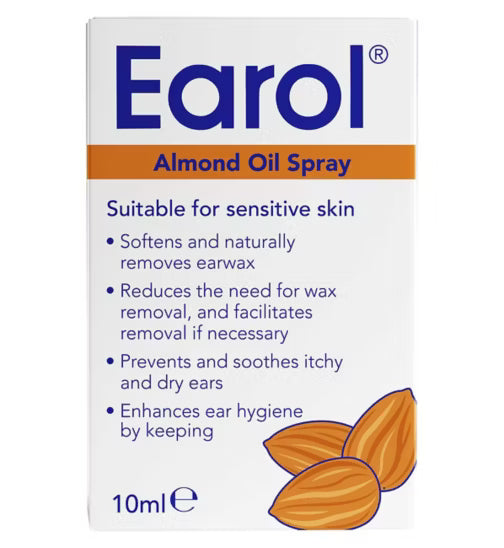 Earol Almond Oil Spray (10ml) by Earol—gentle on sensitive skin, softens earwax, eases removal, soothes itchiness, and promotes ear health. Packaging features three almond illustrations with highlighted ear care benefits.
