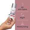 A hand holds Eucerin Anti-Pigment Night Cream (50ml). Icons and text highlight its moisturizing benefits for all skin types and nightly use to reduce dark spots and uneven skin tone.