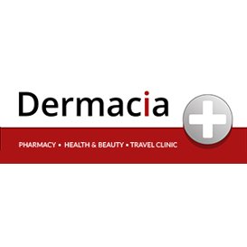 Logo for Eucerin, displaying Dermacia with a red lowercase i and gray circular cross. Below is a red band with white text: PHARMACY • HEALTH & BEAUTY • TRAVEL CLINIC, ideal for those seeking Eucerin Dermo Purifyer Oil Control Cleansing Gel for blemish-prone skin.