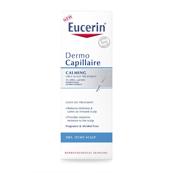 The image features Eucerin DermoCapillaire 5% 100ml Scalp Treatment for Redness, highlighting benefits for a dry, itchy scalp by reducing itchiness and adding moisture, all without fragrance or alcohol.
