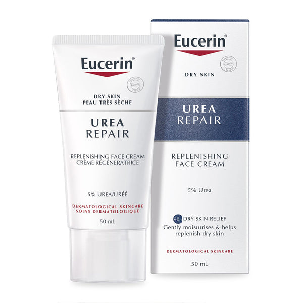 Image of Eucerins UreaRepair 5% Urea Original Cream (75ml), providing intense hydration for dry skin. The product is in a white tube with blue and red accents, accompanied by a matching box, highlighting its moisturizing properties.