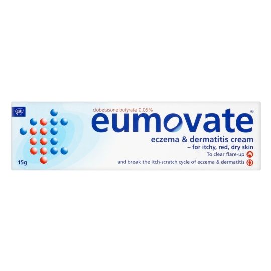 The image shows a 15g box of Eumovate Eczema & Dermatitis Cream by Haleon. Its formulated for eczema and dermatitis relief, targeting itchy, red, dry skin and flare-ups. The packaging is white with blue and red accents to emphasize its active ingredient, clobetasone butyrate 0.05%.