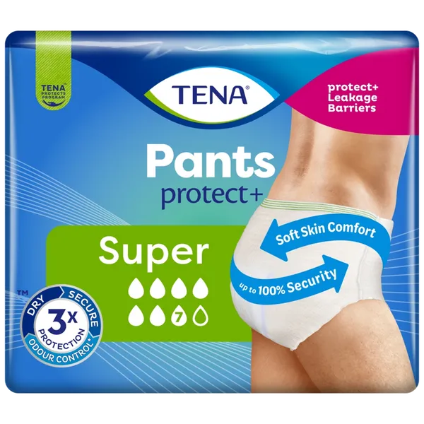 A 12-pack of Tena Pants Protect Plus Super Small adult diapers features blue and green packaging with icons, brand name, benefits, and an image of a person wearing the product to highlight advanced absorbent technology for bladder leakage.