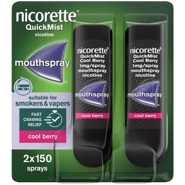 The Nicorette Quickmist 1mg Mouth Spray - Twin Pack (Cool Berry) is a stop-smoking aid suitable for smokers and vapers. Each of the two bottles delivers 150 sprays, providing 1mg of nicotine per dose for fast craving relief.