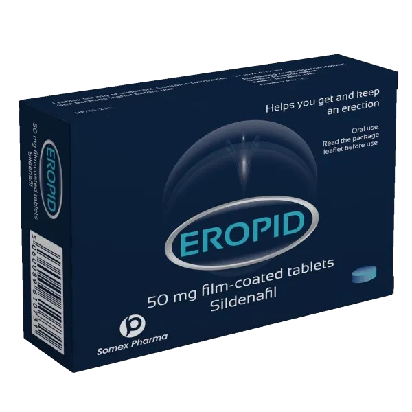 The dark blue EROPID pack, with white text, offers Sildenafil-based ED treatment. This 50mg product by Somex Pharma advises reading the leaflet before use.