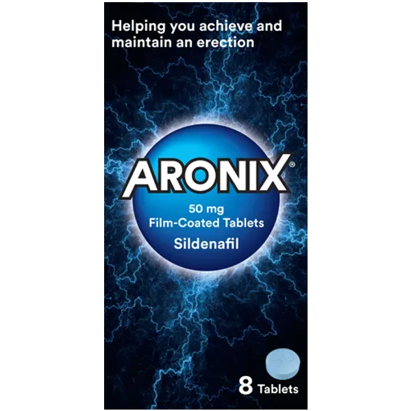 Packaging for Aronix Tablets for Erectile Dysfunction – Pack of 8 features a blue circle with the Aronix brand name on a dark blue background. The text reads, Helping you achieve and maintain an erection and combat erectile dysfunction.