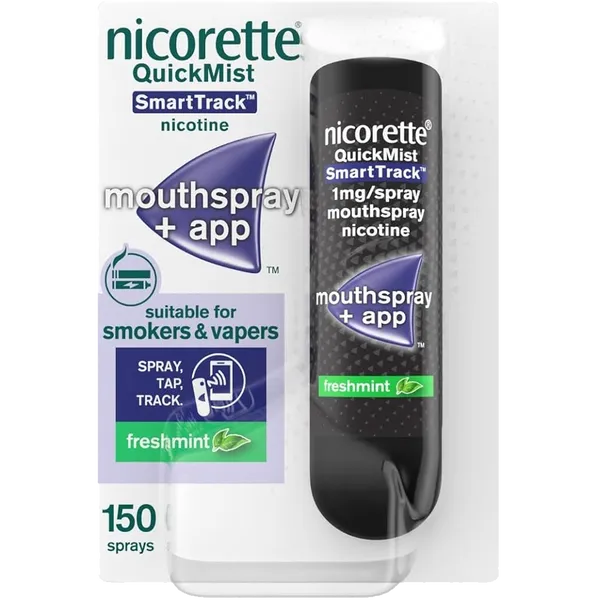 An image of the Nicorette QuickMist SmartTrack package highlights its features: 1mg/Spray Freshmint, suitable for smokers & vapers. This stop smoking aid by Nicorette includes a connected app and offers 150 sprays.