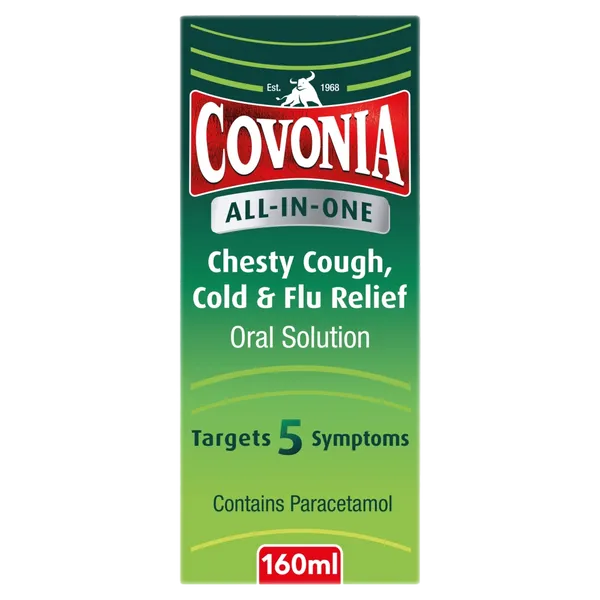 Covonia All-In-One Cold & Flu Relief (160ml) features Chesty Cough, Cold & Flu Relief on a green bottle with red and white text. It targets 5 symptoms, including a chesty cough, using paracetamol.
