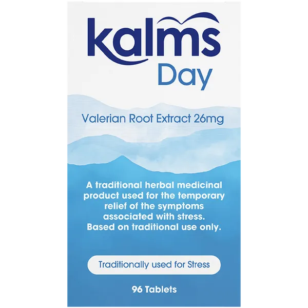 The image shows a box of Kalms Day Valerian Root Extract 26mg, traditional herbal tablets with calming effects for temporary stress relief. The blue and white designed box contains 96 tablets.