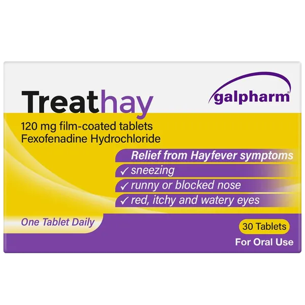Galpharms Treathay Fexofenadine 120mg (30 count) relieves allergy symptoms such as sneezing, runny nose, and itchy eyes. This non-drowsy antihistamine is to be taken orally, one tablet daily.
