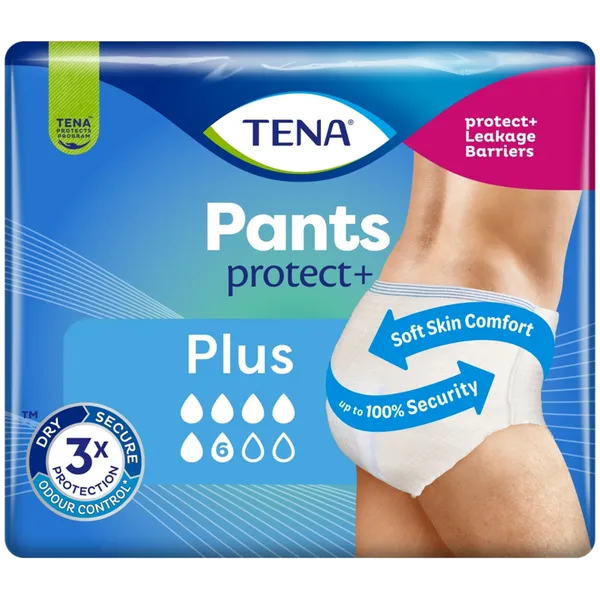 Tena Pants Plus Small (14 Pack) by Tena, shown on the packaging worn by a model, offers up to 100% security for moderate to heavy incontinence with leakage barriers and soft comfort for skin.