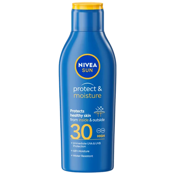 A blue 200ml bottle of Nivea Sun Protect and Moisture SPF30 moisturising lotion with a yellow cap offers sun protection, 48-hour moisture, and water resistance.