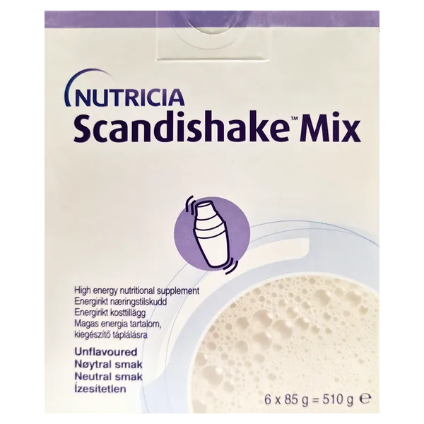A pack of Nutricia Scandishake Mix Sachets Unflavoured (85g each, Pack of 6), a high-calorie drink for weight gain. The mainly white box with purple text features energy supplement labeling in multiple languages and includes an image of a shaker. Total net weight: 510g.