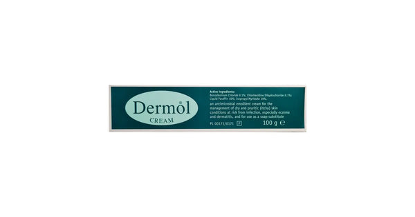 The image displays a 100g tube of Dermol Cream by Dermol, an antimicrobial emollient and soap substitute for dry, itchy skin. Its active ingredients include benzalkonium chloride and chlorhexidine dihydrochloride, making it an effective eczema treatment.
