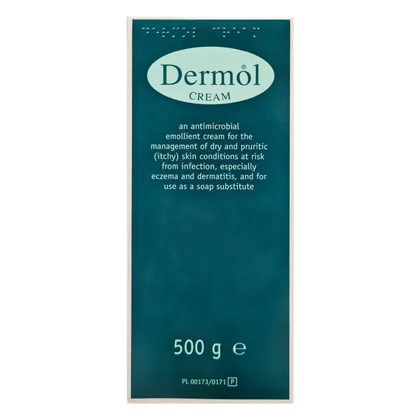 A green rectangular box labeled Dermol Cream (500g) describes an antimicrobial emollient for eczema treatment, managing dry, itchy skin, and dermatitis, and also serves as a soap substitute.