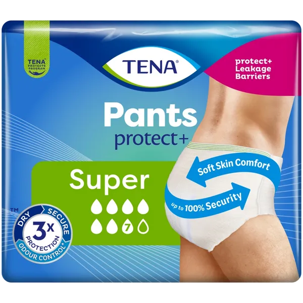 The Tena Pants Protect Plus Super Medium (12 Pack) packaging features a wearer, ideal for incontinence management, with bladder leakage protection, odour control, soft comfort, 100% security—all in a blue and green design with detailed product info.