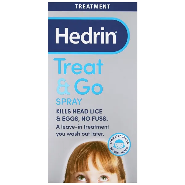 The Hedrin Treat & Go Spray (60ml) head lice treatment features Activdiol. The text highlights that it Kills head lice & eggs with no fuss. This leave-in formula is washed out later and has been clinically tested on real heads. The packaging shows a child with reddish-brown hair.