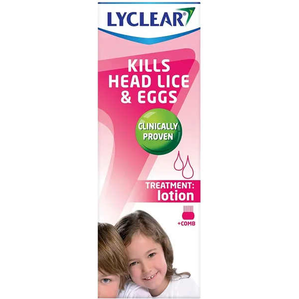 An image of Lyclear Original Lotion (100ml), a head lice treatment from Lyclear, features a pink package with a green clinically proven label, two smiling children at the bottom, and an anti-lice comb.
