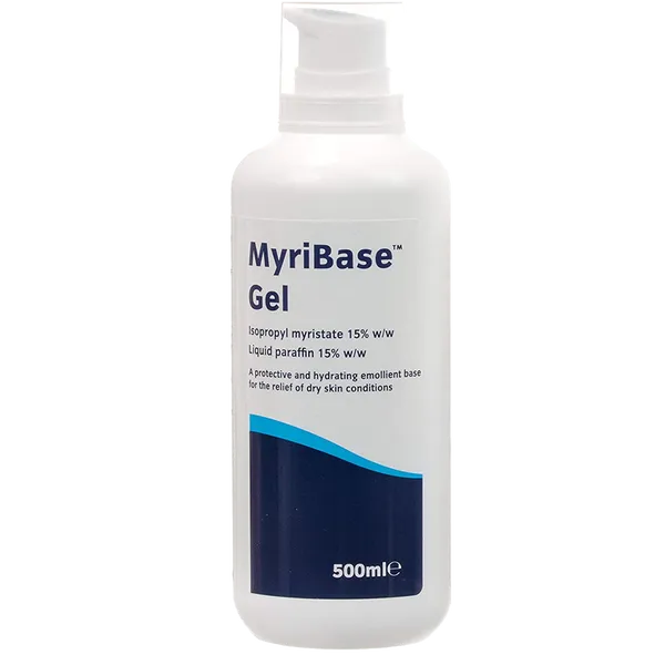 The Myribase Gel 500ml, a white pump bottle, is a skincare must-have. Its labeled with its key ingredients, isopropyl myristate and liquid paraffin, perfect for hydrating and protecting dry skin.