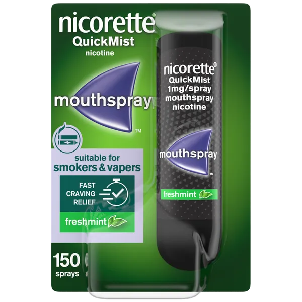 The Nicorette QuickMist 1mg/Spray - Freshmint offers fast craving relief with a minty flavor. Aimed at smokers and vapers as a stop smoking aid, it provides 150 sprays in stylish green and black packaging, along with crucial health details.