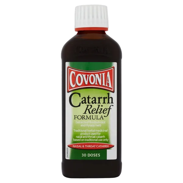 Covonia Catarrh Relief Formula (150ml) contains a blend of anti-catarrh herbs, designed to ease throat and nose discomfort with 30 doses. The product comes in a dark bottle with a red cap and green-and-white label, emphasizing its herbal remedy properties.