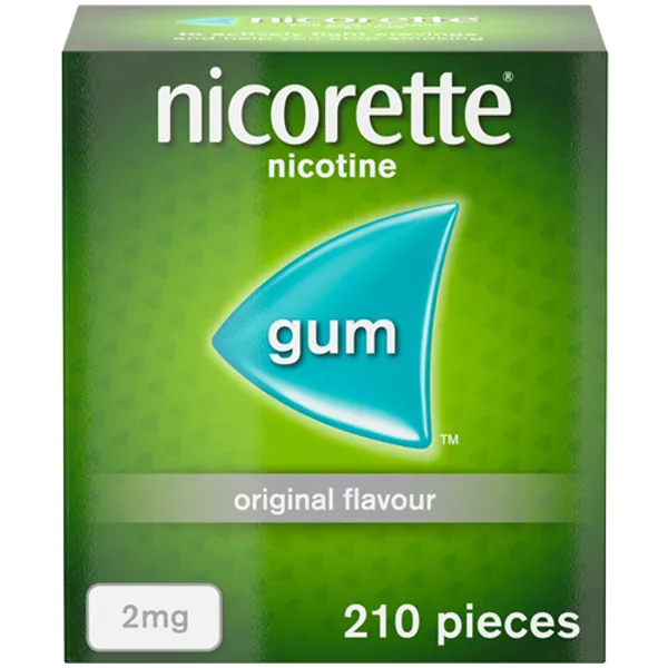 A green box of Nicorette Gum Original Classic 2mg (210pcs) by Nicorette, featuring the logo and gum label, is designed as a stop smoking aid to help manage nicotine withdrawal symptoms.