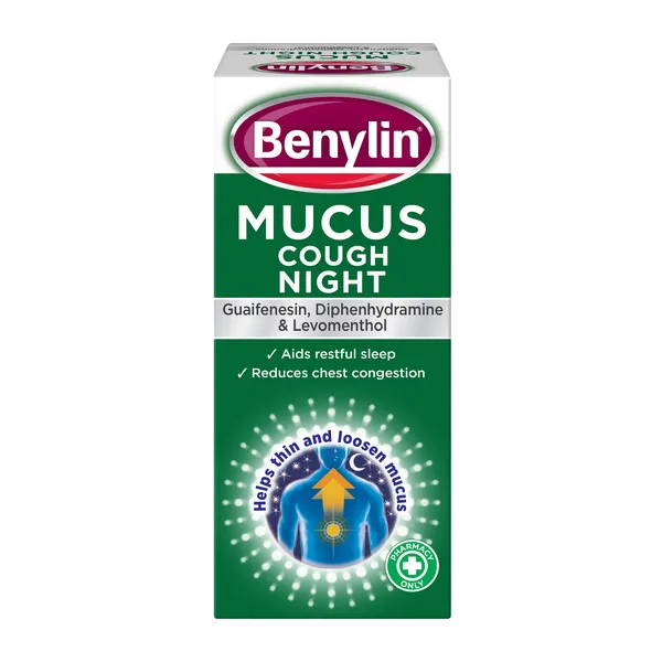 The image features a Benylin Mucus Cough Night (150ml) box in green and white, highlighting the active ingredients guaifenesin and diphenhydramine. It promises relief from chest congestion and supports restful sleep, with graphics illustrating its effectiveness.