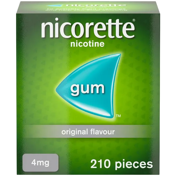 The Nicorette 4mg Original Gum comes in green packaging and is designed to help stop smoking. The box contains 105 pieces and features the word gum prominently highlighted in a blue shape on the front.