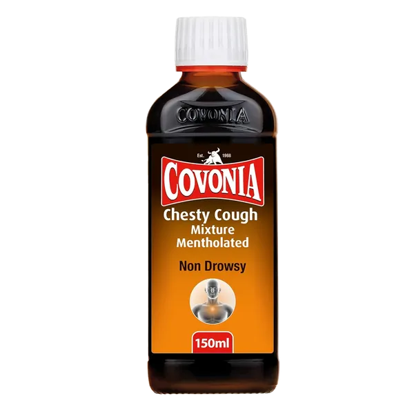 Covonia Chesty Cough Mixture Mentholated Expectorant (150ml) features an orange and white label, marked Non Drowsy, and offers relief from congestion and phlegm. The bottle has a white cap and is an effective solution for cough issues.