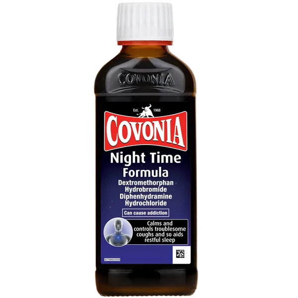 A 150ml bottle of Covonia Night Time Formula features the brand name and ingredients like Dextromethorphan and Diphenhydramine, highlighting its calming effect for restful sleep. It relieves dry coughs, eases nasal congestion, and includes an addiction warning.