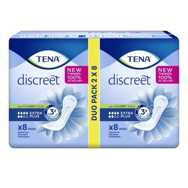 Tena Discreet Extra Plus Duos (2x8) by Tena provides reliable bladder leakage protection with 16 thinner pads featuring instaDRY technology, 100% as secure, in blue packaging displaying the pad image on the front.