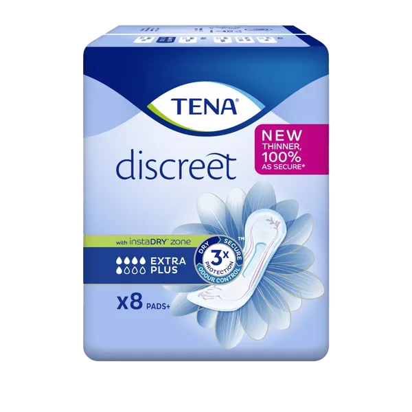 Tena Discreet Extra Plus (8 Pack) by Tena offers thinner pads with Advanced Absorption Zone, delivering 3x incontinence protection and 100% security for bladder weakness. Each pack contains 8 pads.
