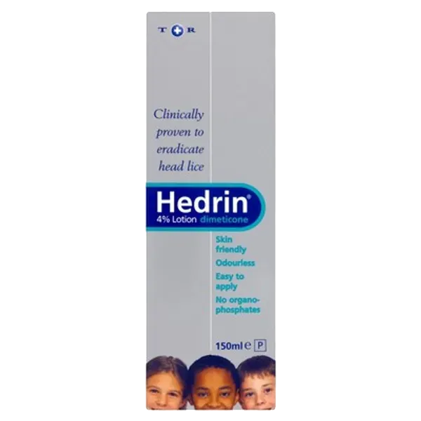 The tall rectangular box of Hedrin 4% Lotion (150ml) is skin-friendly, odourless, and easy to apply. Its clinically proven to kill head lice without organophosphates and features images of three children at the bottom.