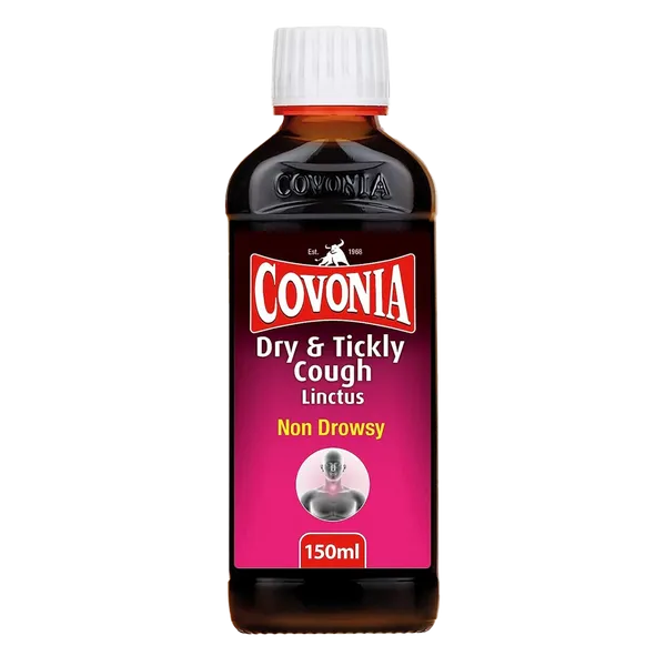 The 150ml bottle of Covonia Cough Linctus Dry & Tickly has a pink label with white Non Drowsy text, ideal for soothing tickly coughs and sore throats. It features a white cap and prominently displays the Covonia logo.