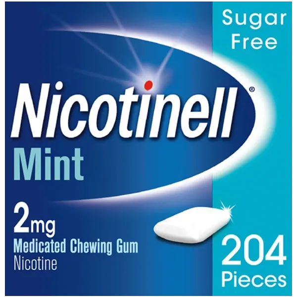 Displayed is the Nicotinell 2mg Chewing Gum Mint (Pack of 204), perfect for nicotine replacement therapy and smoking cessation. Featuring 2mg nicotine per sugar-free piece, it sports the bold Nicotinell logo on a blue background.