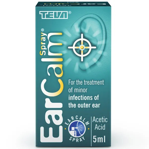 Ear Calm Spray (5ml) by Ear Calm features acetic acid as an antibacterial for minor outer ear infections. The green and white box displays a circular logo and target graphic with the text: For the treatment of minor infections of the outer ear.