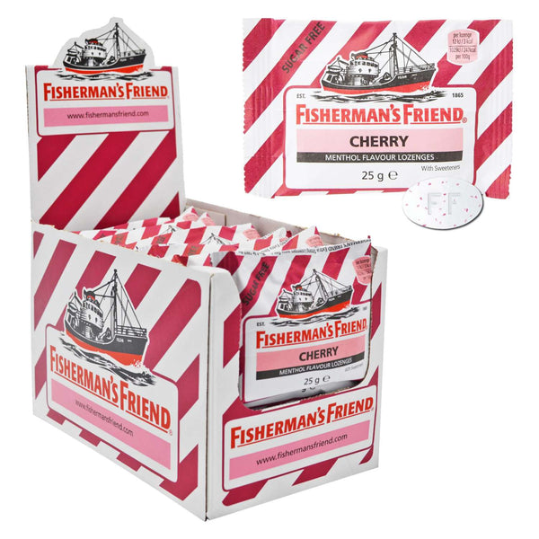A display box of Fishermans Friend Cherry Menthol Lozenges 25g (24 Packs) features red and white stripes, individual packets, and close-ups of a single packet with an oval white lozenge with red specks for effective cough relief.
