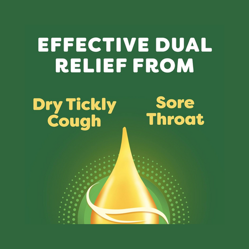 A graphic featuring Lemsip Cough for Dry Cough & Sore Throat Solution with the text Effective Dual Relief From Dry Tickly Cough and Sore Throat Remedy, centered around a stylized golden drop on a soothing green background.