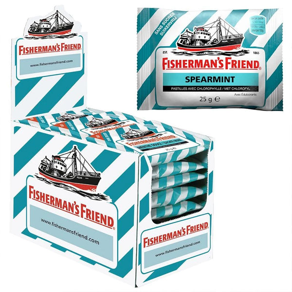 A box of Fishermans Friend Spearmint Menthol Lozenges 25g (24 Packs) displays the brands signature white packaging with teal stripes and a black and white boat, highlighting these menthol lozenges.