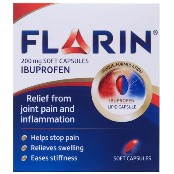 Flarin Ibuprofen 200mg (30 Capsules) features an innovative lipid-based formulation designed to relieve joint pain, stop pain, reduce inflammation and swelling, and ease stiffness. The packaging includes a capsule image with the slogan Unique Formulation.