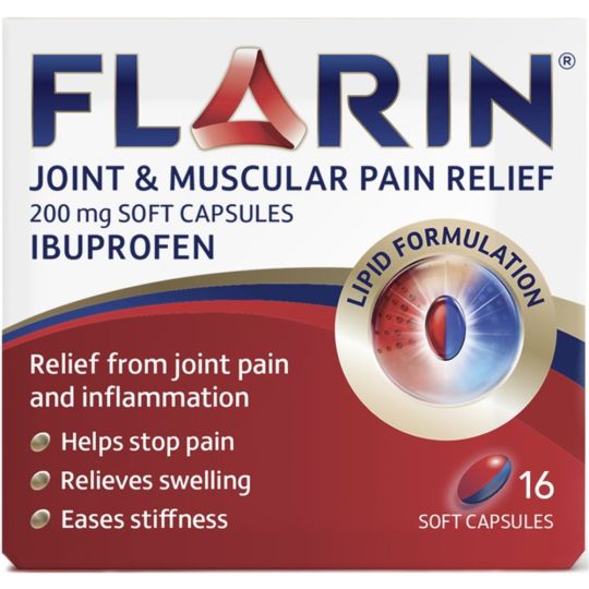 Image of Flarin Joint & Muscular Pain Relief 200mg (16 CAPSULES). These soft capsules use a unique lipid formulation with ibuprofen to provide fast relief from joint pain, reduce swelling, and ease stiffness.