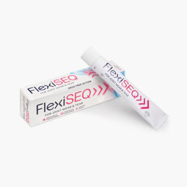 A 50g tube of Flexiseq Joint Wear and Tear gel sits atop its box, both labeled with the Flexiseq brand to help relieve joint pain and osteoarthritis symptoms. The packaging features pink and black text with decorative pink arrows.