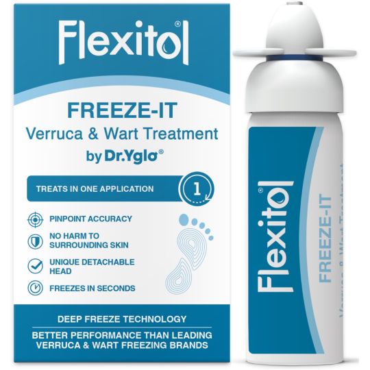 Image of Flexitol Freeze-it Verruca & Wart Treatment (50ml) packaging, showcasing a spray can and box. It emphasizes pinpoint accuracy, a detachable head, and deep freeze technology with branding details on this effective solution for verrucas and warts.
