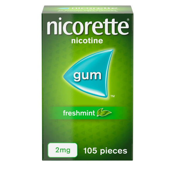 Nicorette Chewing Gum Freshmint 2mg (105pcs) comes in a green box labeled nicotine, featuring a mint leaf and freshmint design for a refreshing nicotine replacement therapy option to aid smoking cessation.