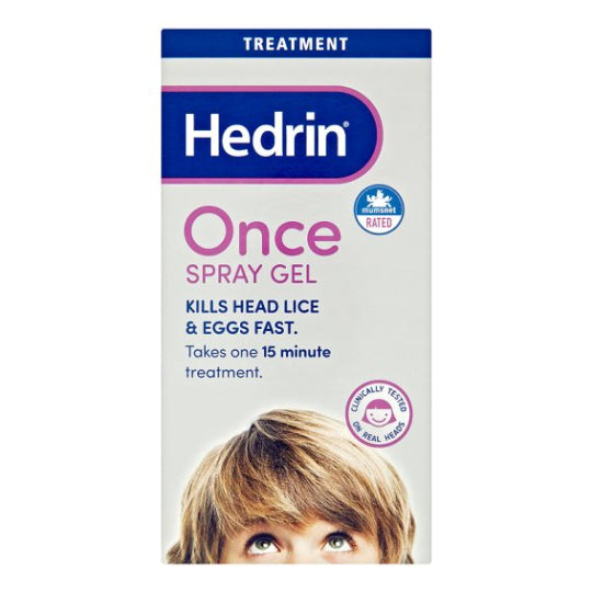 Hedrin Once Spray Gel (100ml) by Hedrin is an effective head lice treatment featuring Penetrol. The packaging is white with blue and pink text, plus a childs face at the bottom, promising a quick 15-minute solution to kill lice and eggs efficiently.