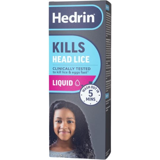 The box for Hedrin Kills Head Lice Liquid (100ml) features a clinically tested treatment that effectively eradicates lice and eggs. The packaging, showing a smiling curly-haired child, promises a swift 5-minute washout.