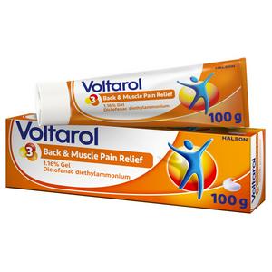 A 100g tube and box of Voltarol Back and Muscle Pain relief gel offers targeted pain relief using an anti-inflammatory formula with diclofenac diethylammonium. The orange packaging features a logo with a blue and white figure.