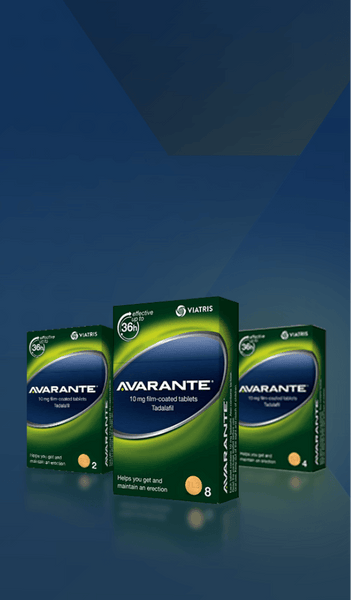 Image of three green and blue Avarante boxes, each containing 8 film-coated 10mg Tadalafil tablets from Viatris. Effective for up to 36 hours, these tablets support those with erectile dysfunction.